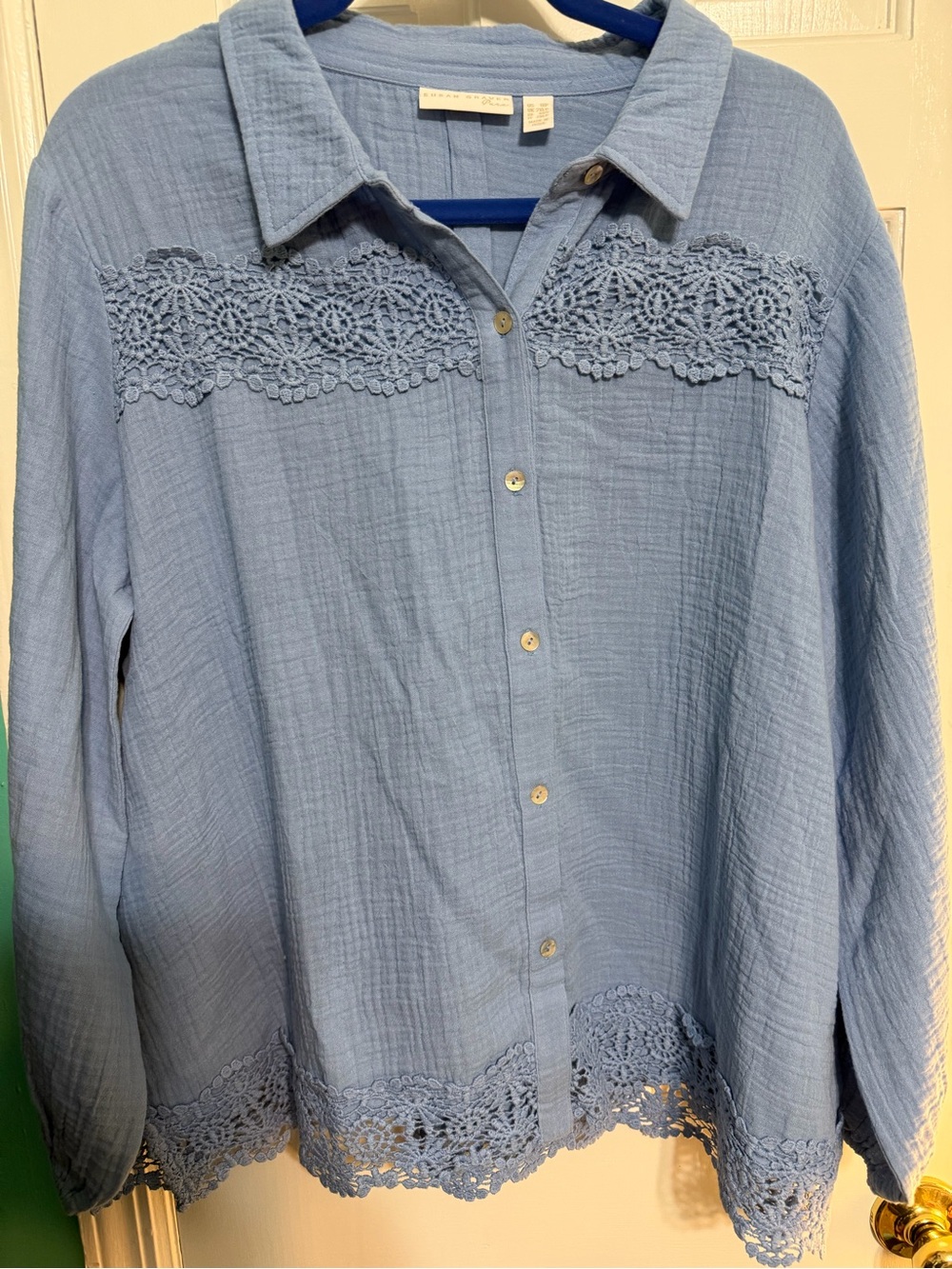 NIB Susan Graver PURE Petite Cotton Gauze Lace Button-Front Tunic Top Blue 1XP